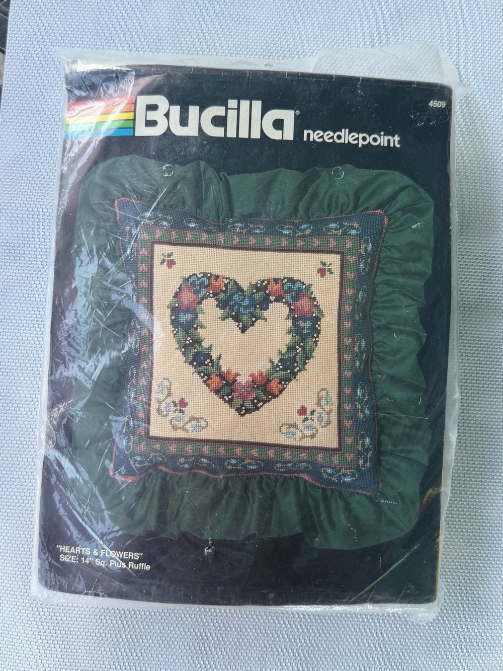Bucilla Needlepoint HEARTS & FLOWERS 4509 - NEW Unopened 14X 14" Plus Ruffle VTG